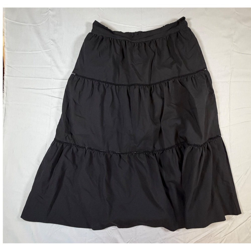 Forever 21 Womens Black Tiered Midi Skirt Elastic Waist Ladder Lace Trim Size L
